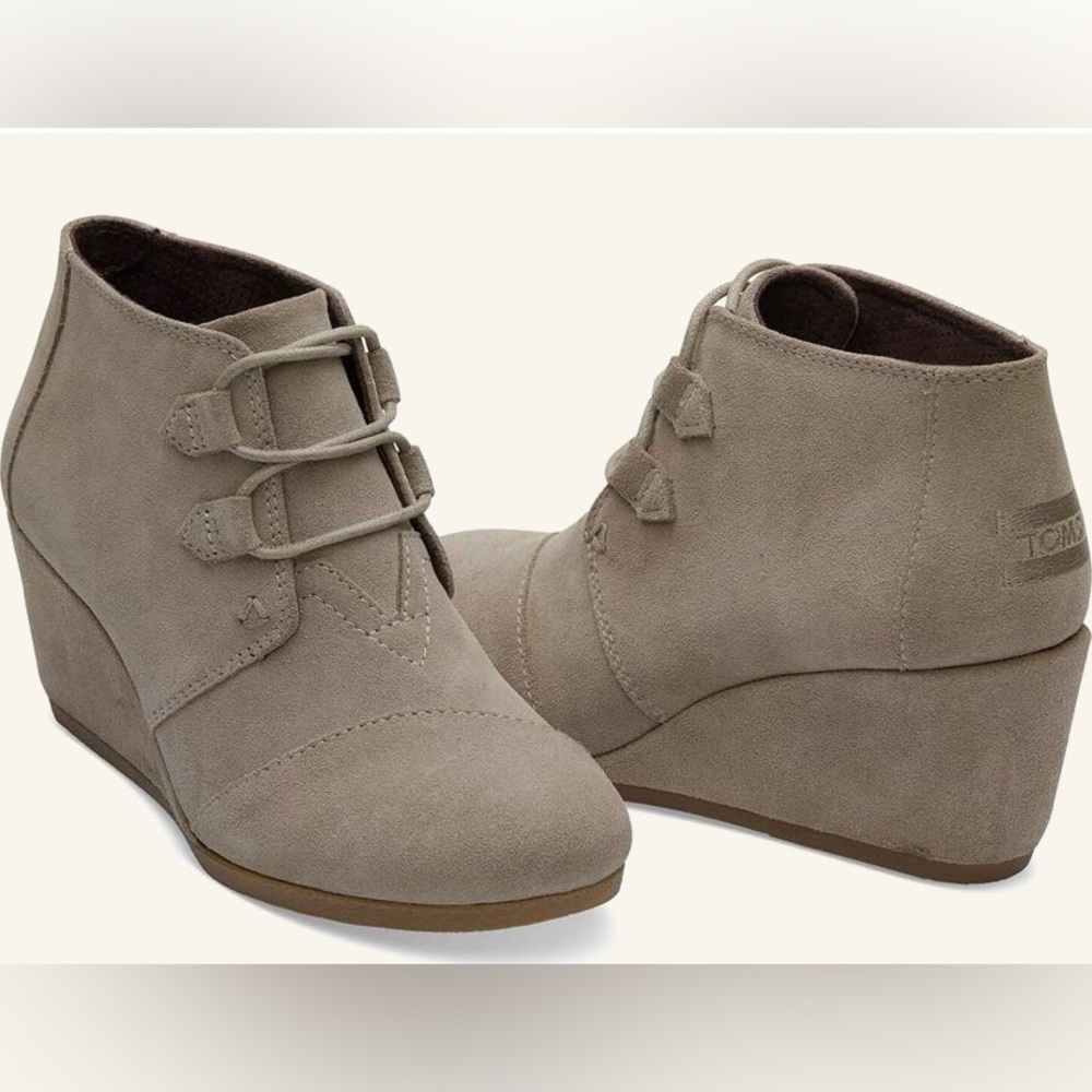 TOMS Kala Wedge Booties, Desert Taupe Suede, Size 8.5